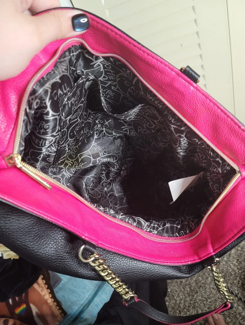 Vintage Betsey Johnson Rhinestone Logo Tote Black Leather Large Shoulder Bag Y2K